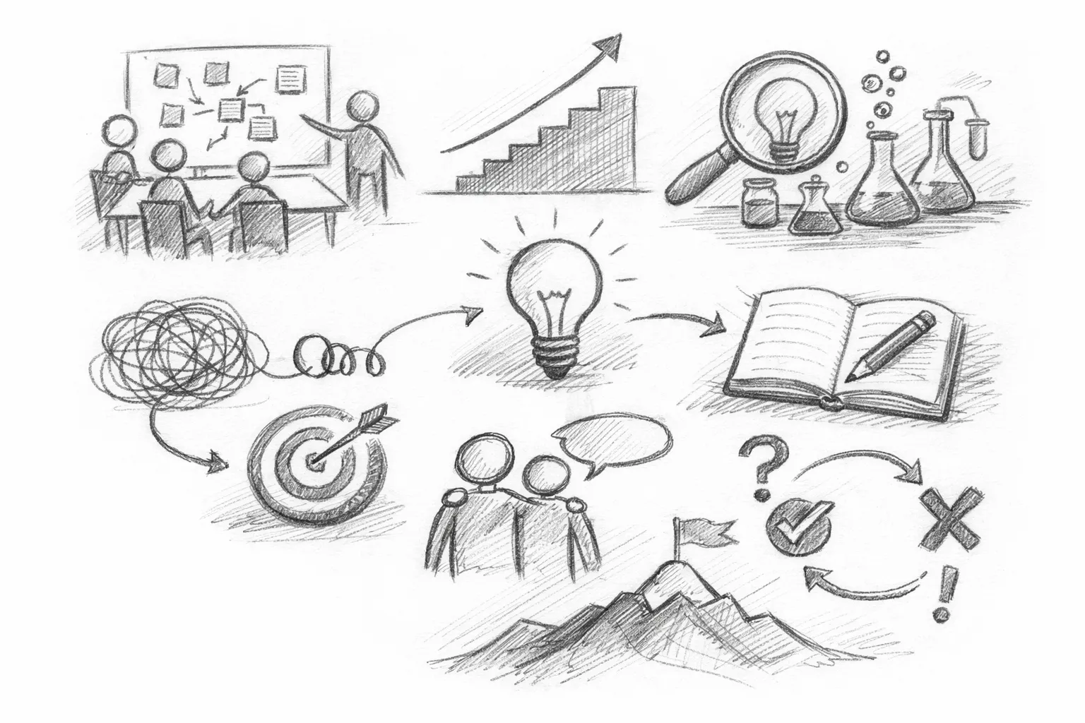 Problem-solving concepts illustration showing various scenarios of decision-making and escalation.