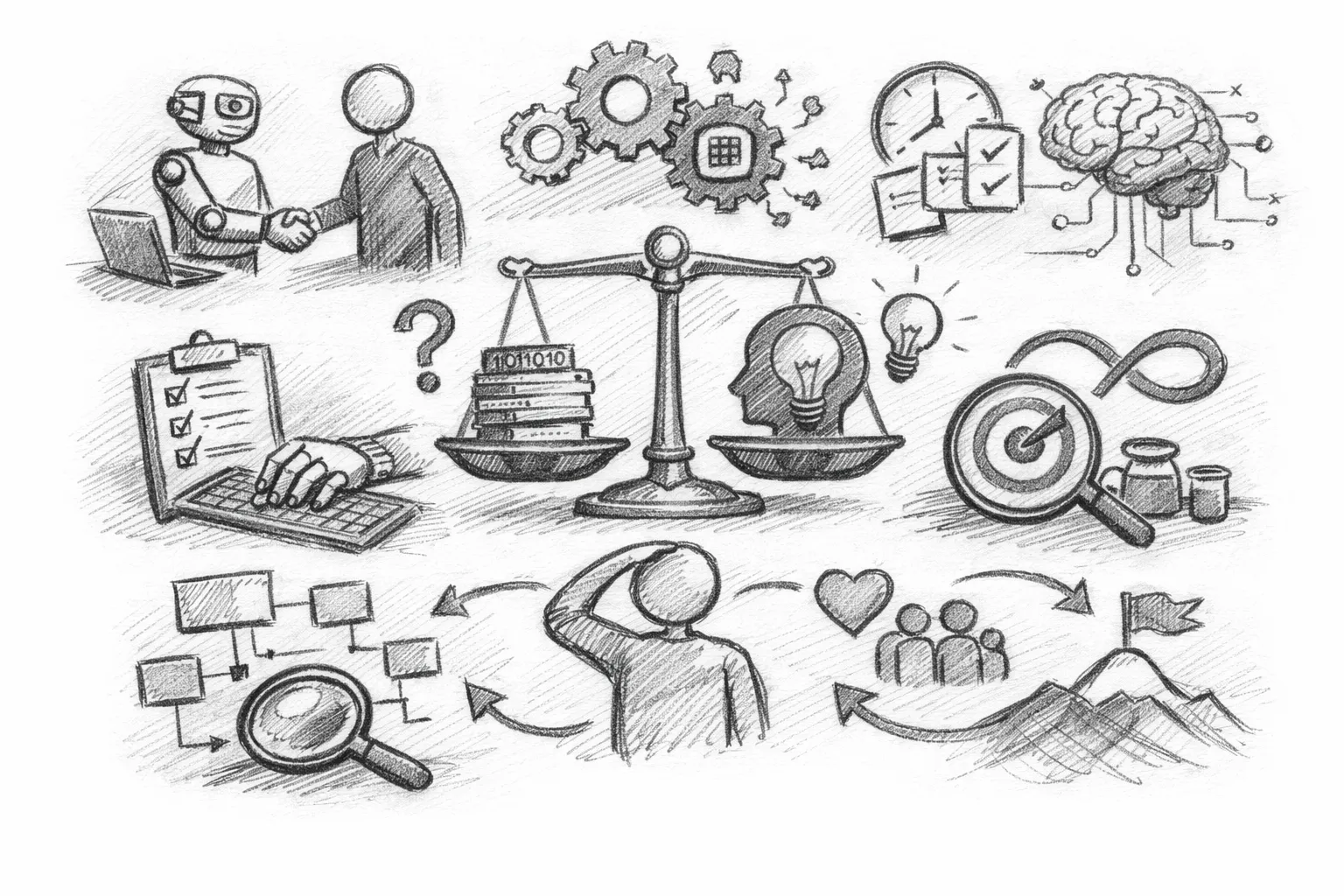 Problem-solving concepts illustration showing various scenarios of decision-making and escalation.