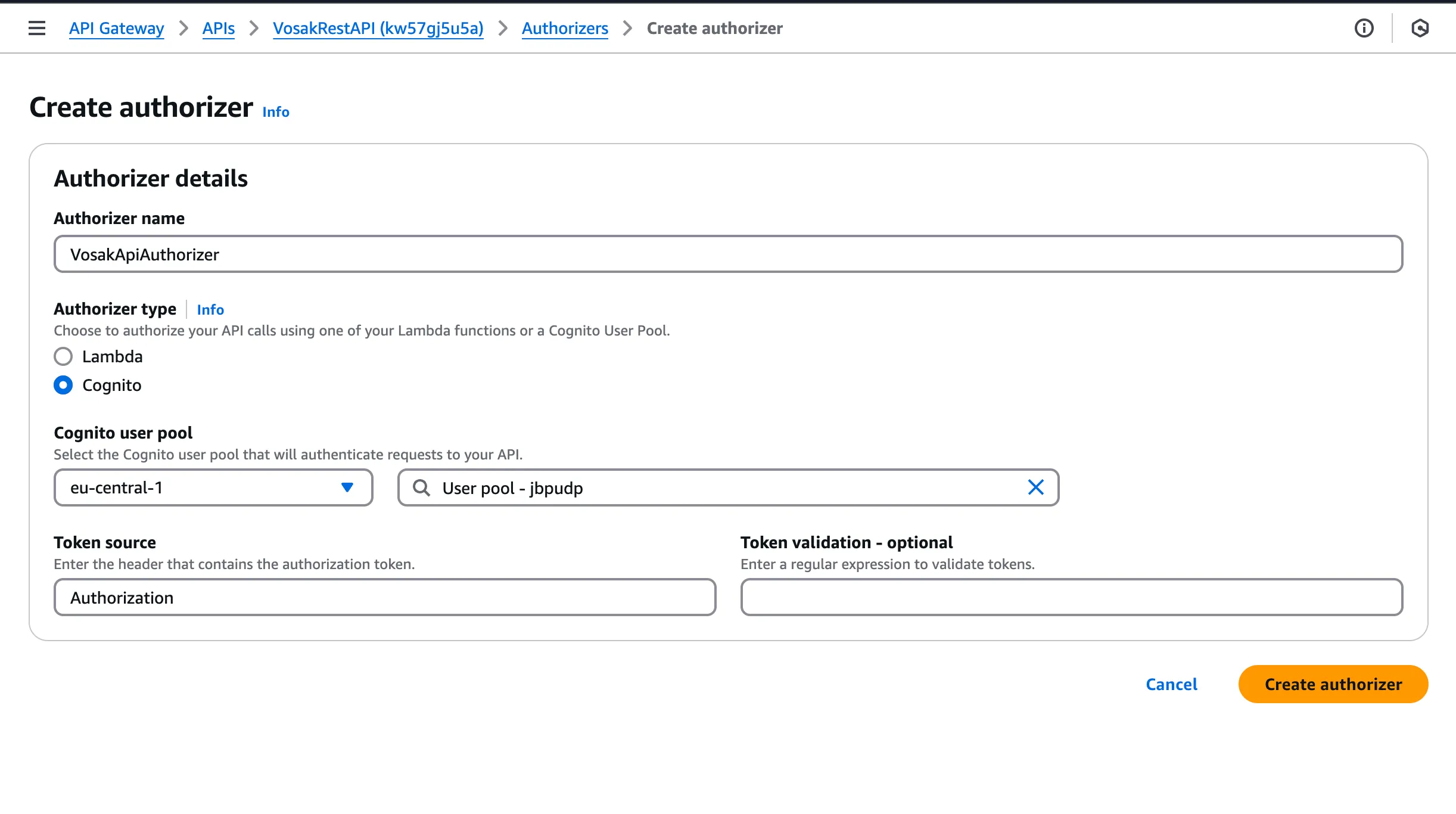 API Gateway Cognito authorizer configuration for the VosakAI notes API