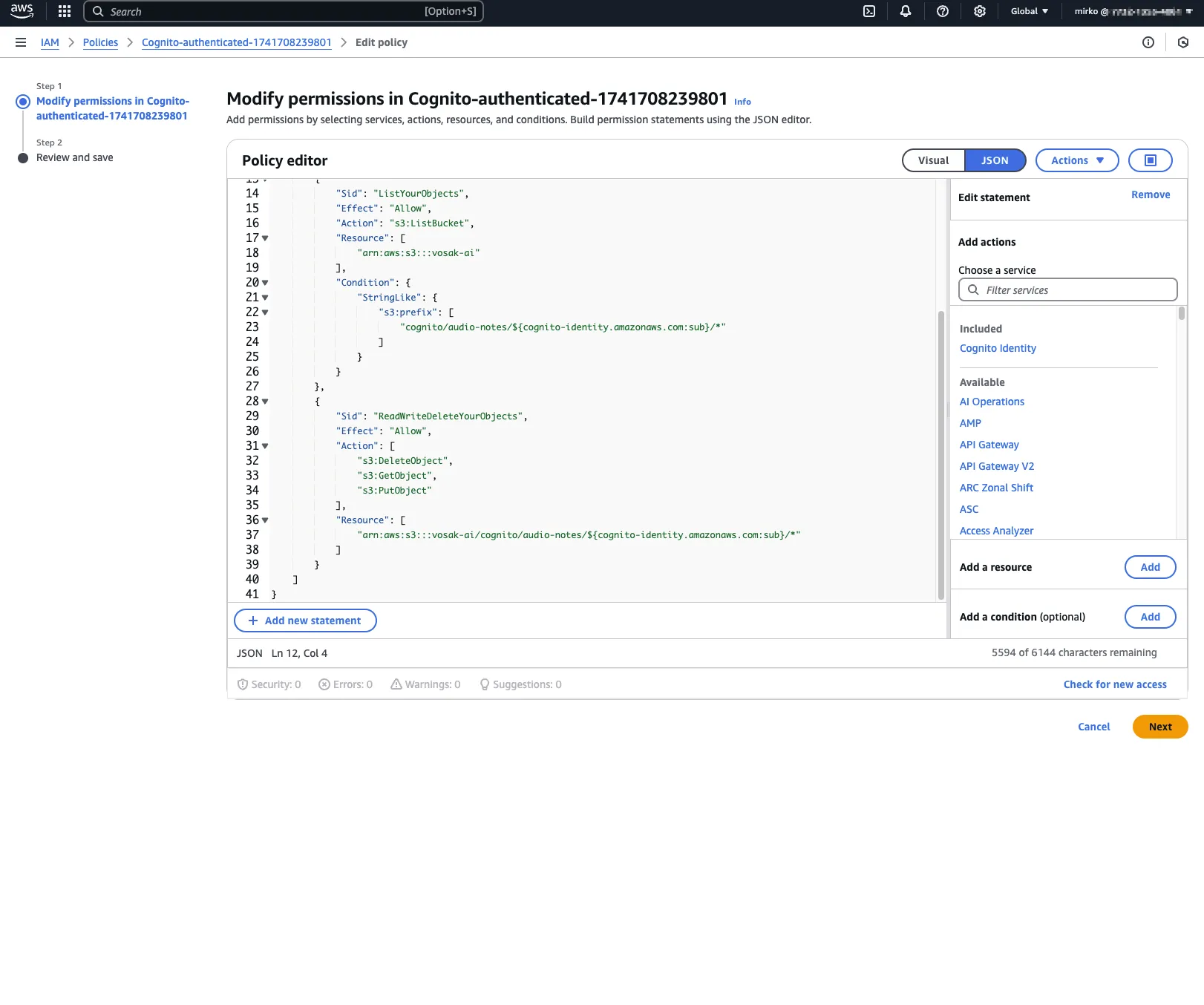 IAM policy editor showing scoped Cognito-authenticated permissions for S3 objects