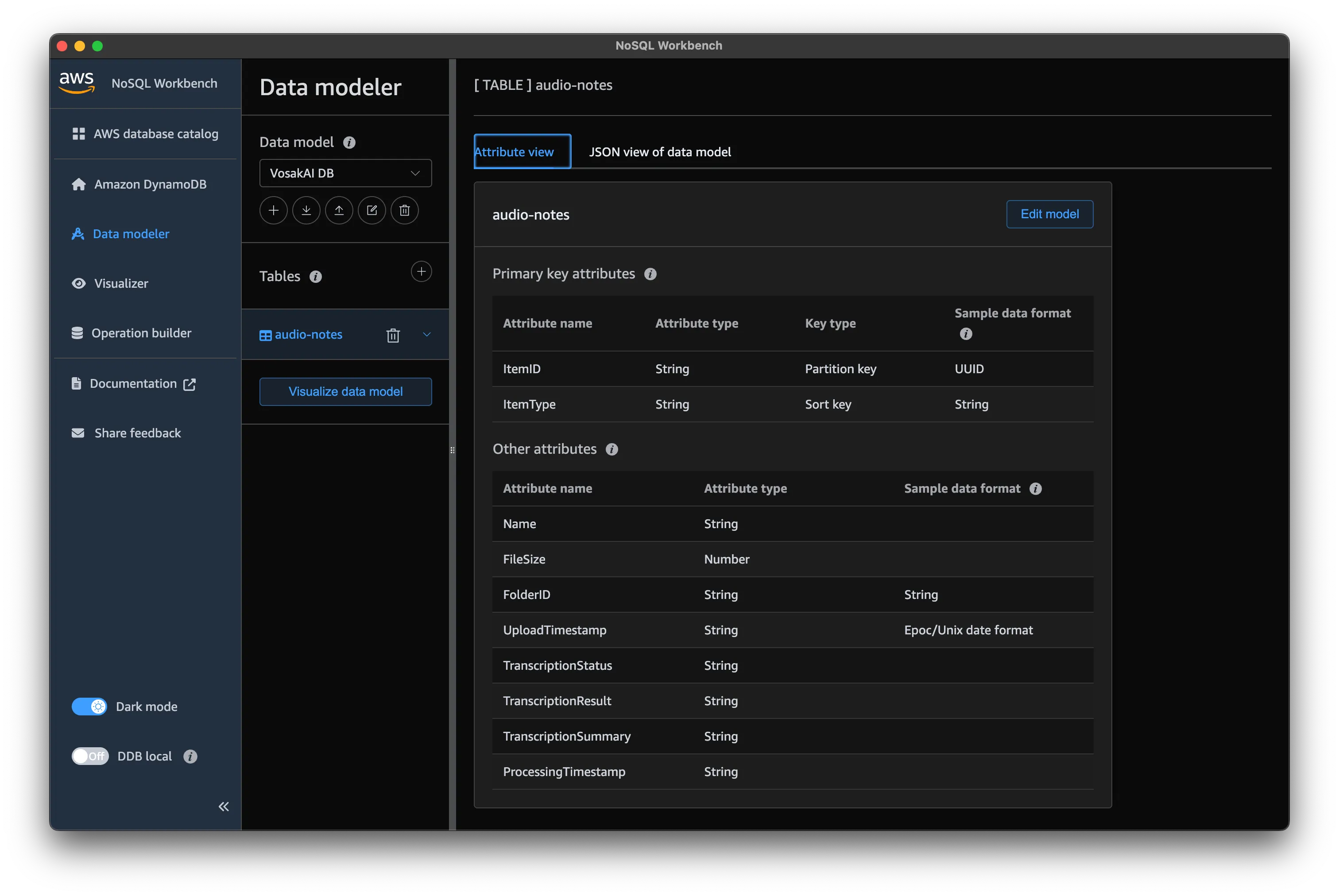 DynamoDB table schema for audio notes shown in NoSQL Workbench