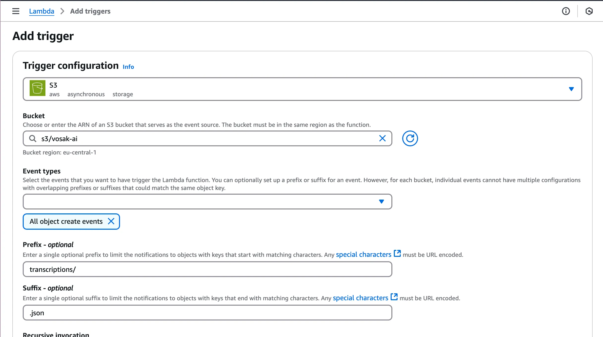 AWS Lambda trigger configuration for transcription JSON files in S3