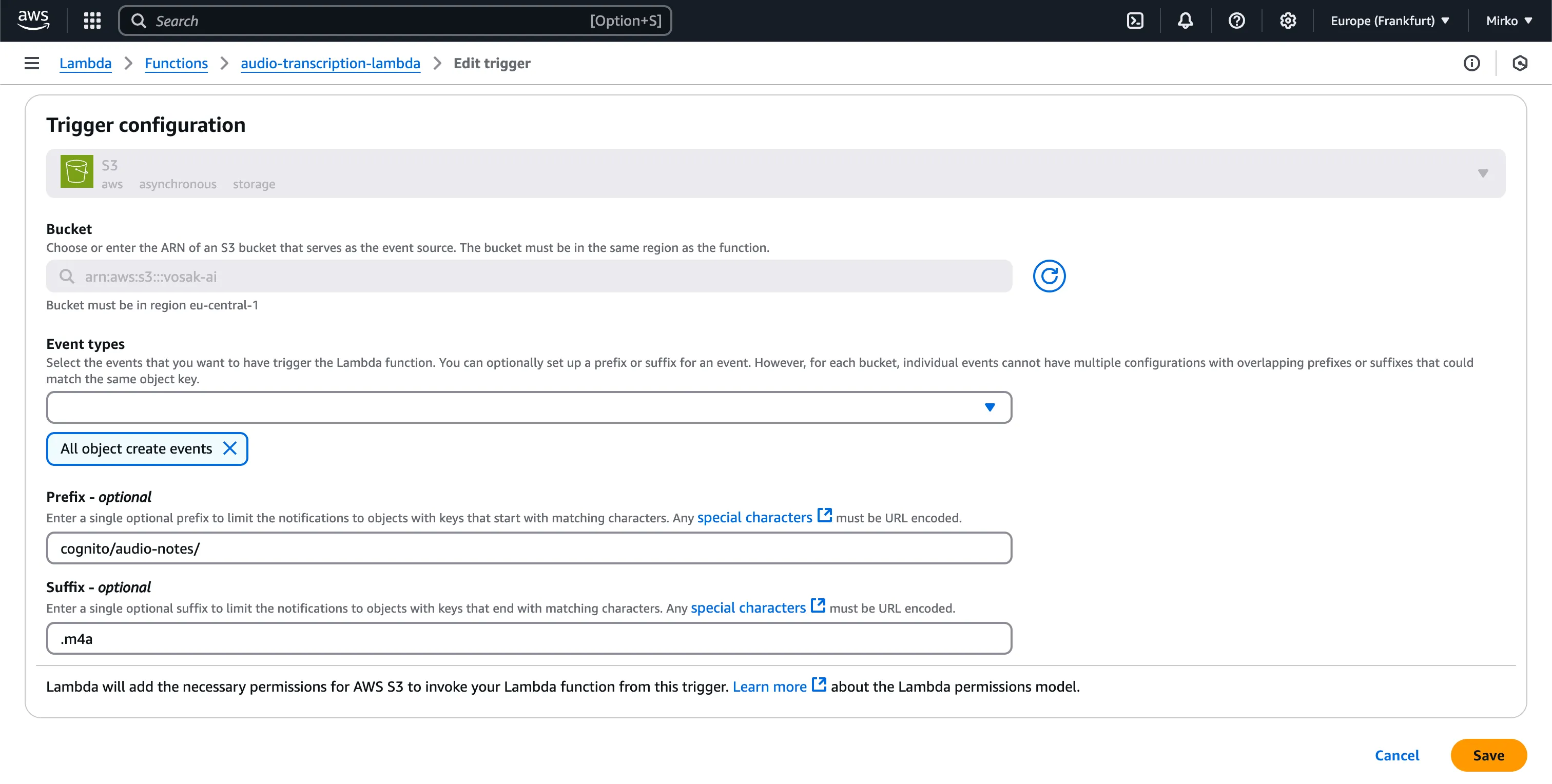 AWS Lambda S3 trigger configuration for uploaded audio notes